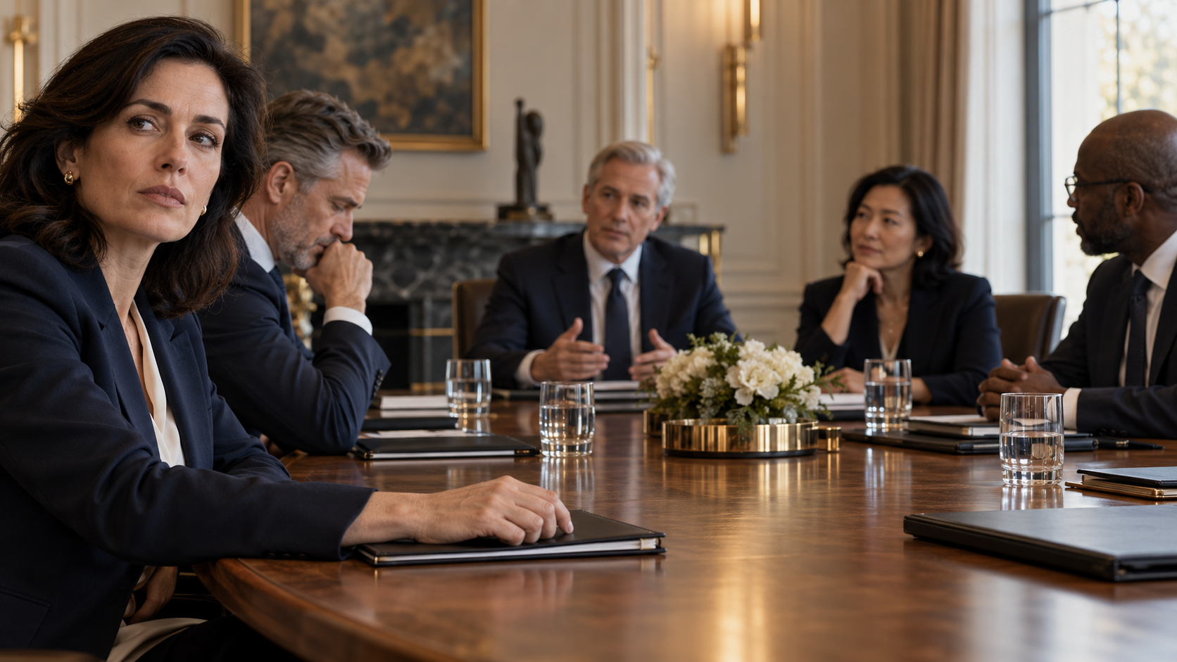 Executives around a boardroom table, with one participant looking away while another speaks.